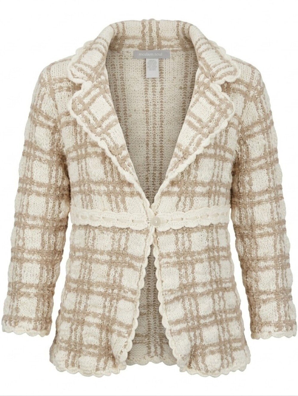 Modern Soul Wool Blend Cardigan Medium Plaid Knit Cozy Grandmillennial Chic